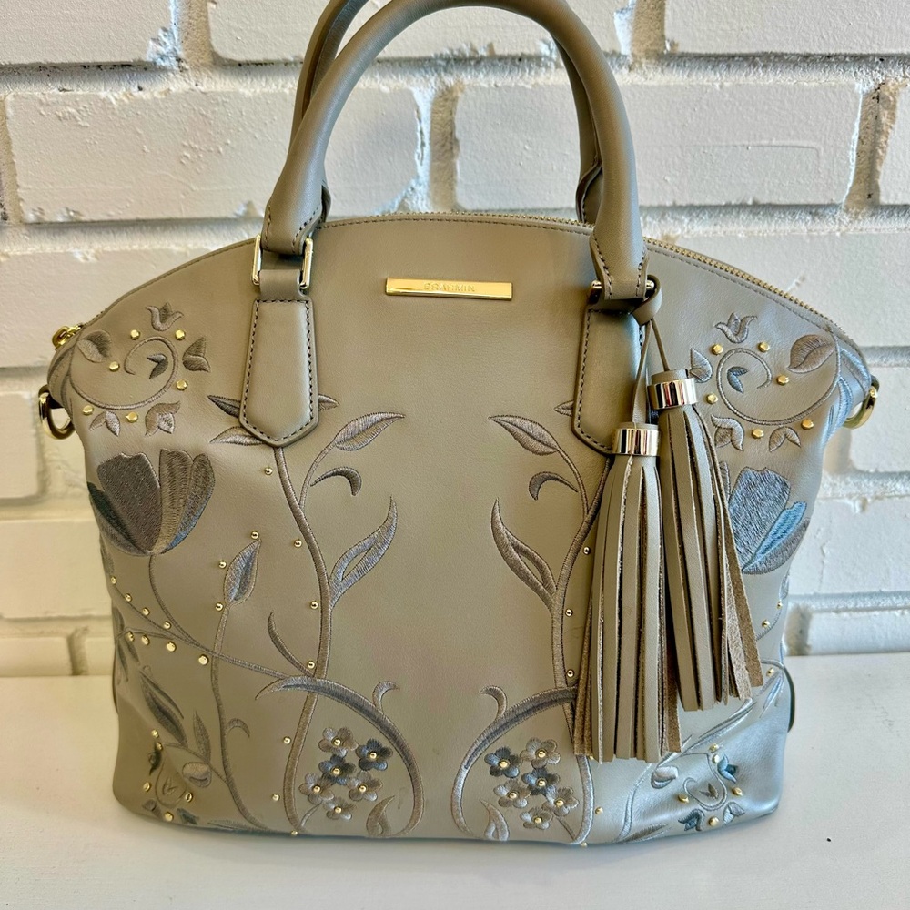 Brahmin Gray Floral Embroidered Shoulder Bag